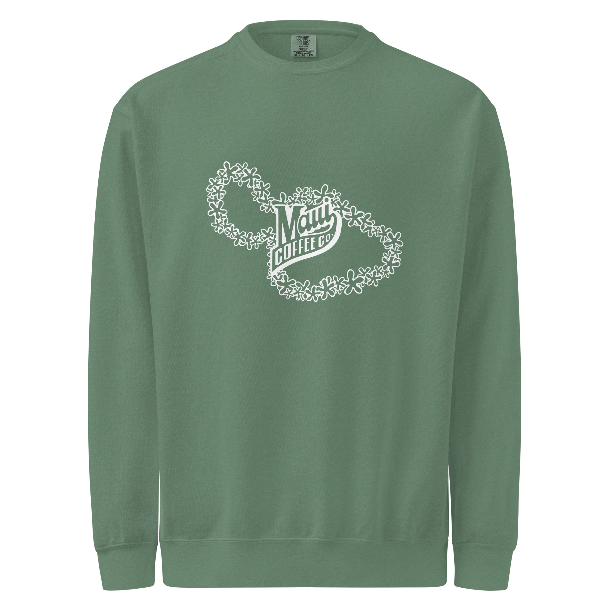 White Lei Unisex Sweatshirt featuring a white Maui Coffee Co logo encircled by a lei design of small flowers across the chest.