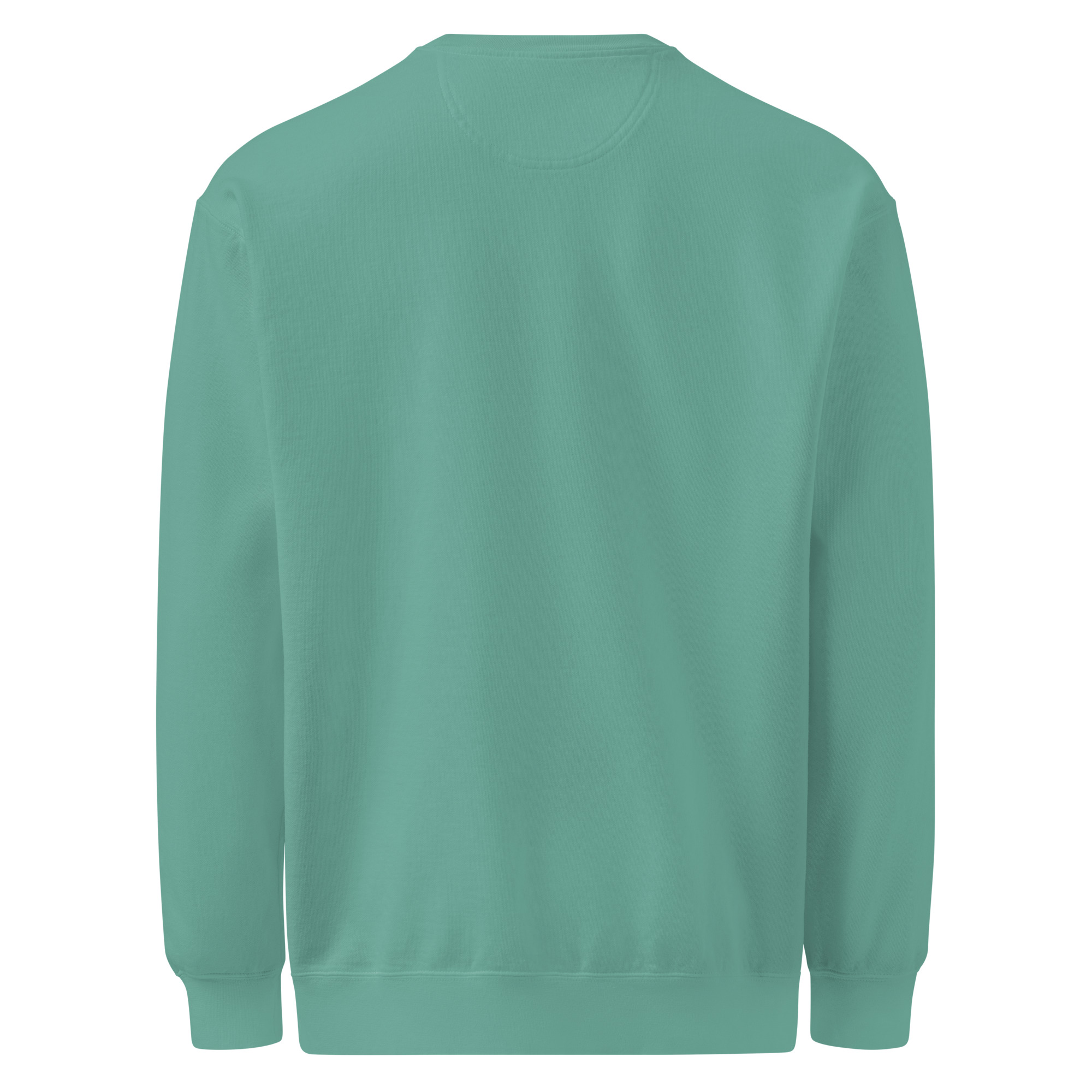 Back view of the White Lei Unisex Sweatshirt, featuring a plain, long-sleeved design in teal. This sweatshirt has a crew neckline, ribbed cuffs, and a ribbed waistband with no visible logos or designs.