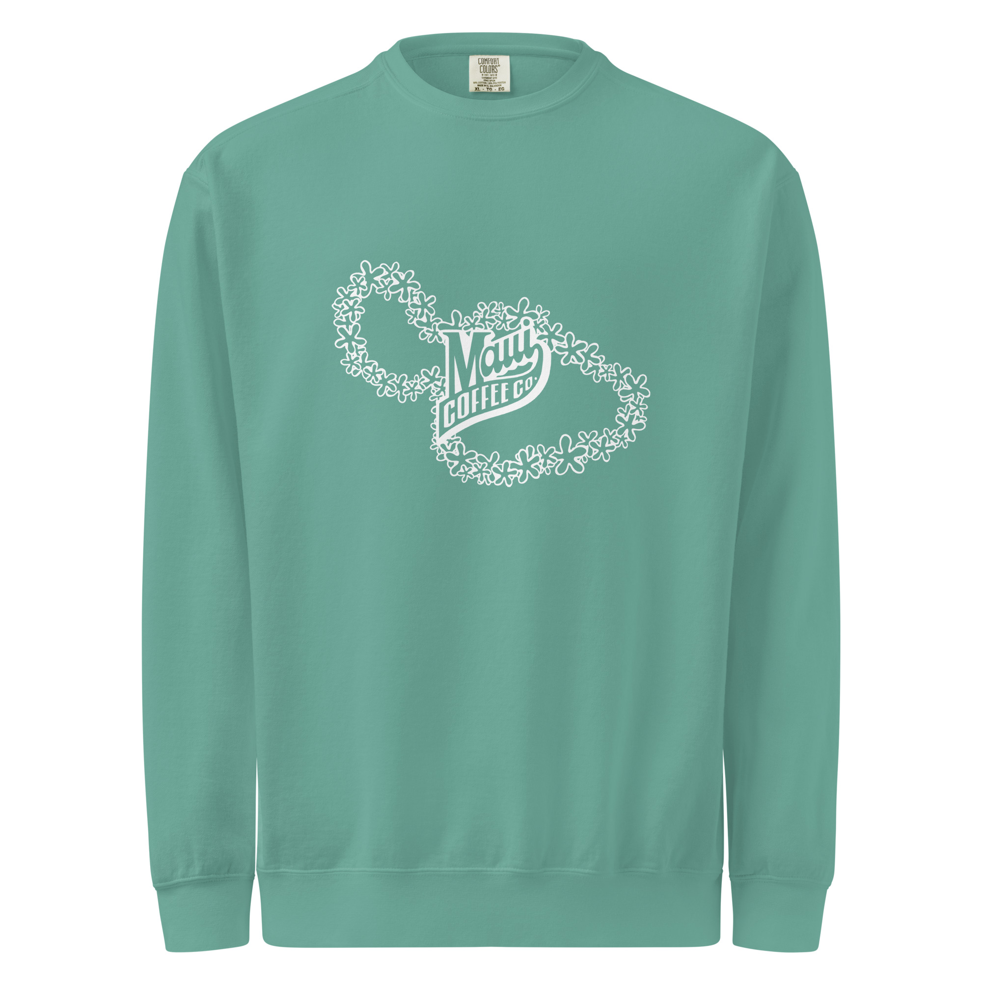White Lei Unisex Sweatshirt in teal, showcasing a white Maui Coffee Co. logo graphic encircled by a floral lei outline in the shape of Maui Island.