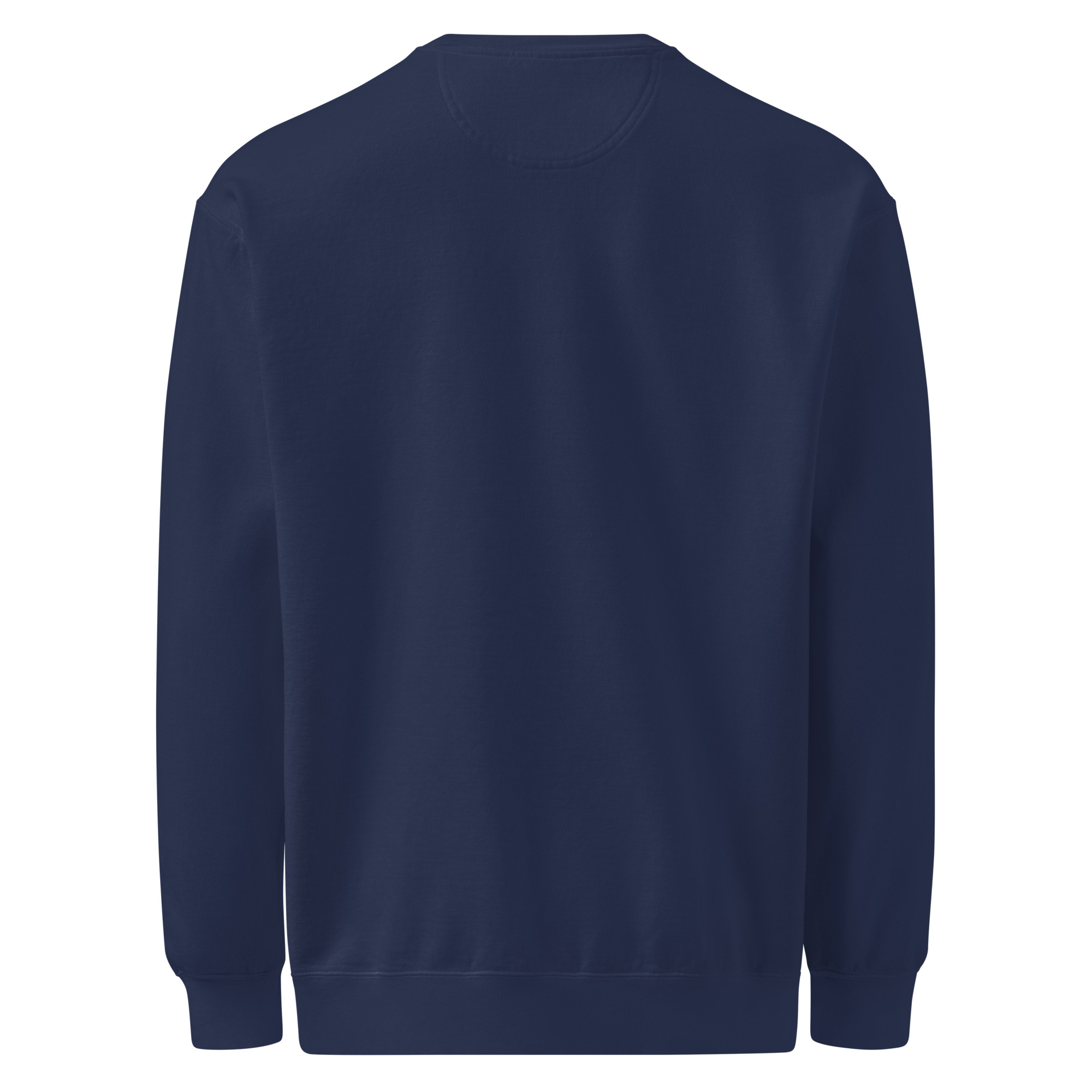 A White Lei Unisex Sweatshirt, shown from the back, features a plain navy blue design with long sleeves and ribbed cuffs and hem.