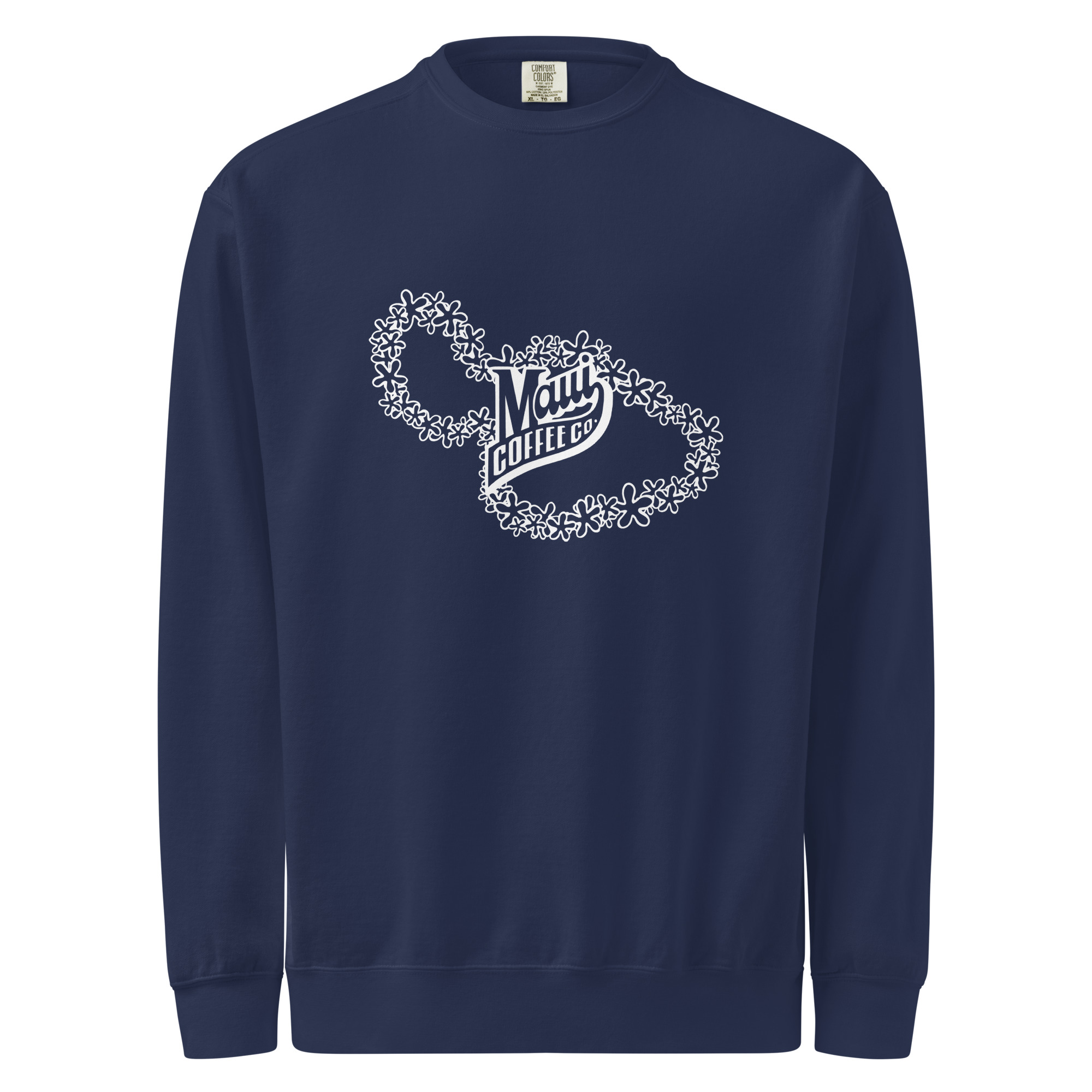 White Lei Unisex Sweatshirt in navy blue, showcasing a white floral outline of the state of Maui with “Maui Coffee Co” printed at the center.