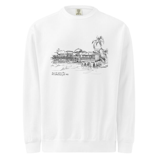 Front Street Unisex Sweatshirt in white, featuring a black line drawing of a coastal building with palm trees, water, and handwritten text reading “Louies, Key West, FL, Pan Collection, est. 1982.”.