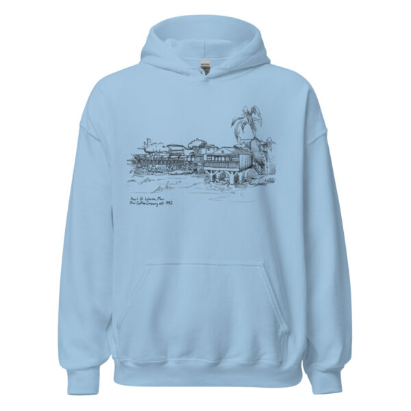 Front Street Unisex Hoodie in light blue featuring a black line drawing of a beachfront scene with buildings, palm trees, and a small signature reading “Point Loma, San Diego, Pier Cafe Company, 1982.”.