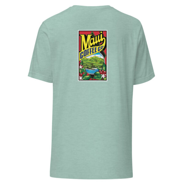 A light green Logo Unisex T-Shirt featuring a vibrant Maui Coffee Co. graphic on the back, showcasing mountains, coffee plants, and tropical flowers.
