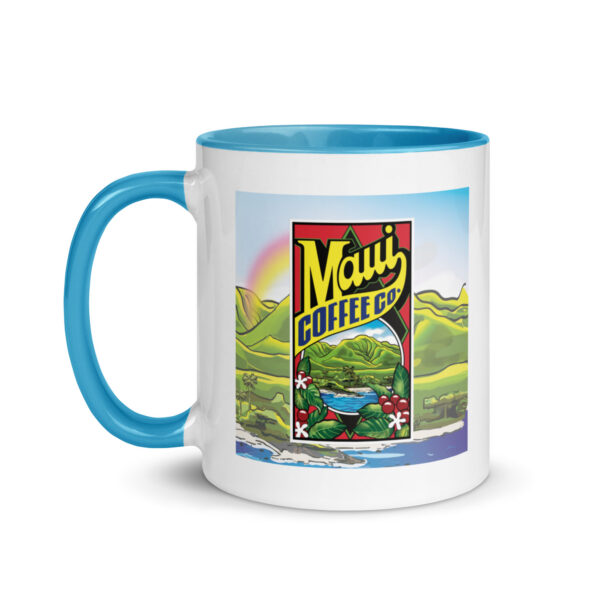 Logo Mug: White mug with a blue handle and rim, featuring a vibrant Maui Coffee Co logo showcasing a tropical landscape with mountains, ocean, and red hibiscus flowers in the background.