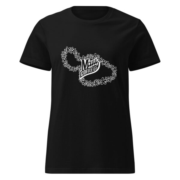 Women’s Lei T-Shirt in black featuring a white floral outline of Maui, with “Maui Coffee Co” in stylized text at the center.
